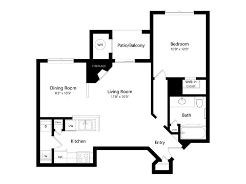 Floor plan for 1 bed, 1 bath, 779 sqft